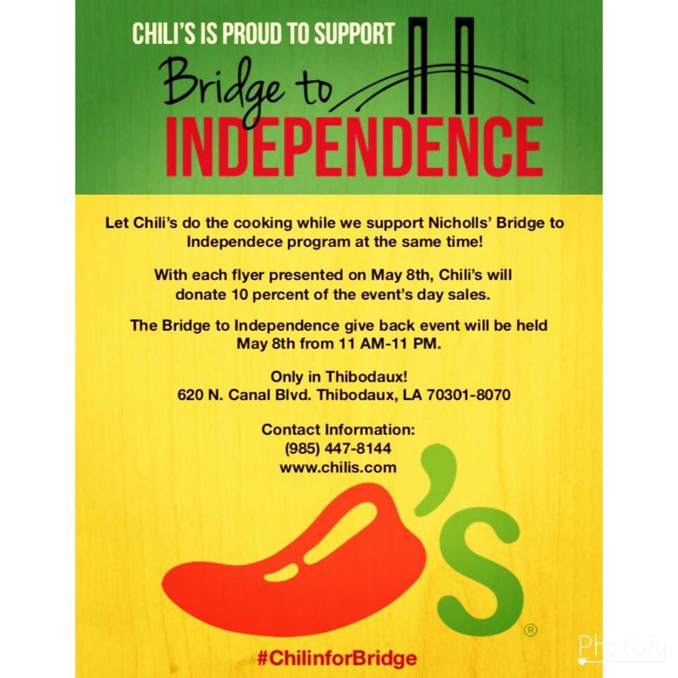 nsu_bridge's tweet photo. And you might be featured on our Instagram (@bridgetoindependence) for your support! #ChilinforBridge @Chilis @NichollsState https://t.co/wqFCsyJ0eu