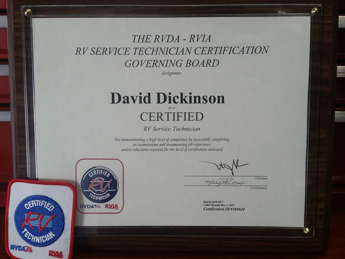 MobileRVIandR's tweet photo. Newly certified as a Certified RV Service Technician with RVDA/RVIA. #tech #repair #RV #workamping https://t.co/fSnCoAvBNQ