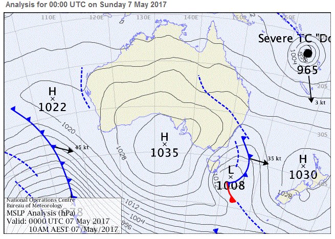 Look, a big fat high is in the Bight! Means drier, cooler weather for the #Territory. Meanwhile, #Cyclone Donna is located near #Vanuatu.