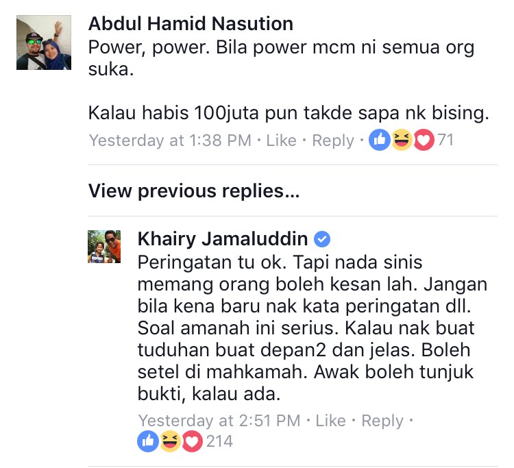 510Awani's tweet photo. Bila YB @Khairykj balas komen di facebook. 

Ambik sekor-sekor! Zass! Zass &amp; Zasss lagi! https://t.co/gWqtx0jJDR