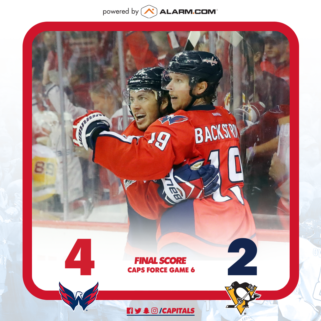 Capitals's tweet photo. WASHINGTON FORCES GAME 6! #CapsPens FINAL SCORE powered by @AlarmDotCom  : #Caps 4 - Penguins 2 #RockTheRed https://t.co/edS5lPb8E4