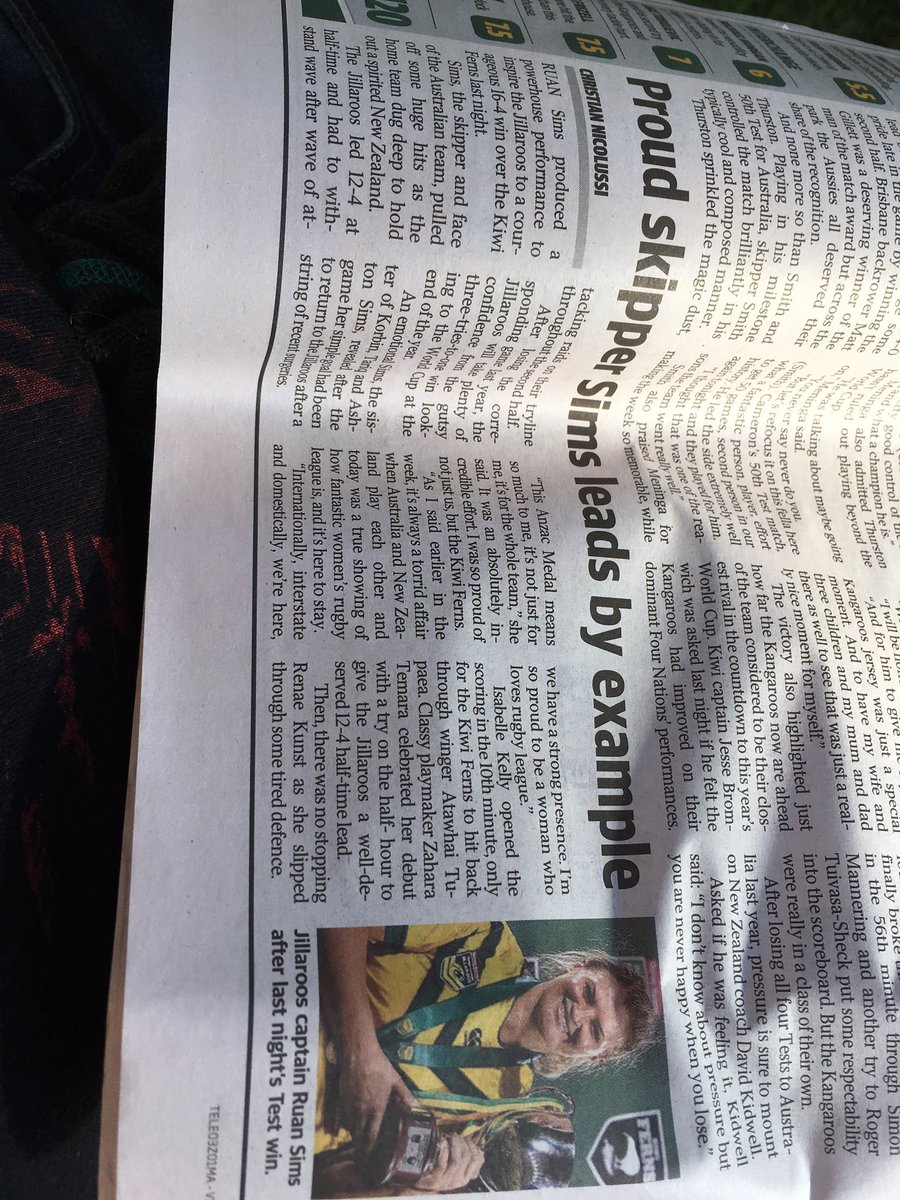 womeninsportau's tweet photo. Not much coverage compared with men's, but it's a start! @AusJillaroos #RoosFerns #anzactest #rugbyleague @ruan_sims https://t.co/RjnKIkULQf