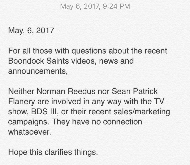 Sean Patrick Flanery On Twitter Announcement About Boondocksaints From Myself And Wwwbigbaldhead Attached Hope This Clarifies Https T Co Xraylwm0ev Twitter