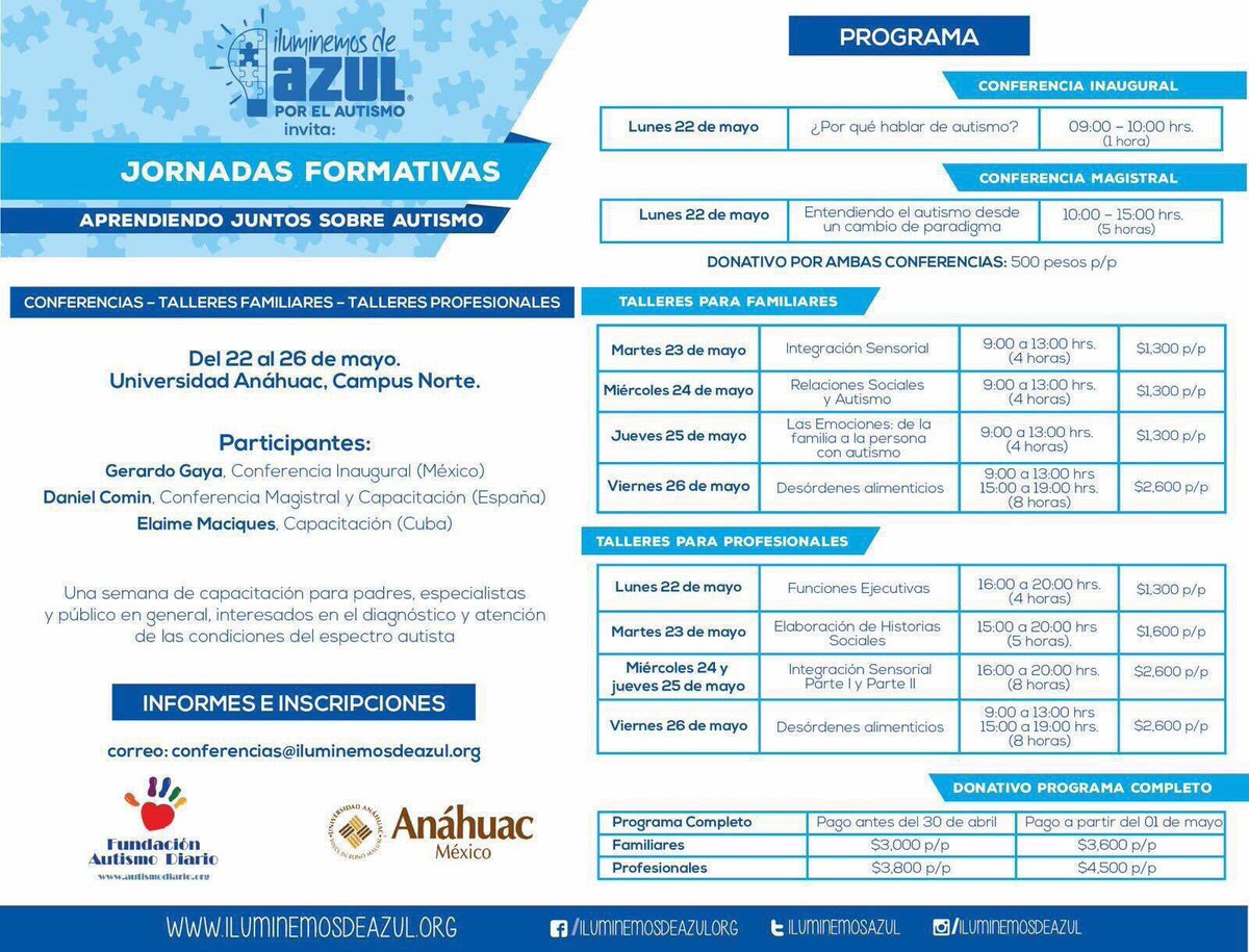 CONEXION_UAS's tweet photo. Queremos invitarlos a los talleres y conferencias sobre el autismo que dará la fundación ILUMINEMOS DE AZUL, con la participacion de G. Gaya https://t.co/GH6XKsjkso