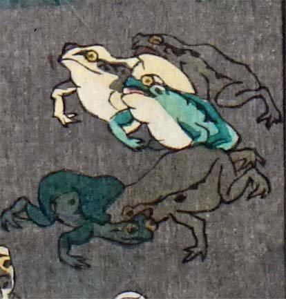 歌川国芳が描く蛙のケンカ。作品としては赤穂義士の一人である間瀬正明