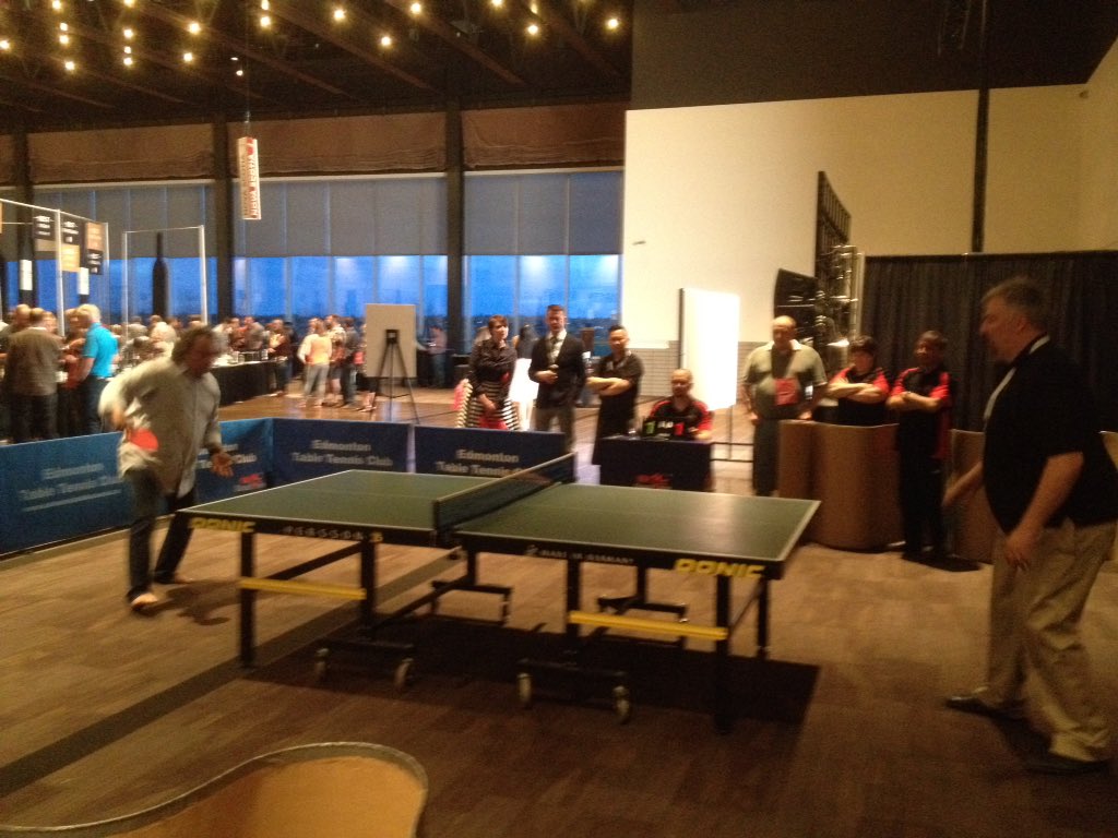 As tradition dictates, winner of <a href="/NorthernLnds/">Northern Lands</a> #pingpong tourney takes on a barefoot Vikram Vij <a href="/EdmontonWineGuy/">Gurvinder Bhatia</a> @EdmontonSCC #yeg