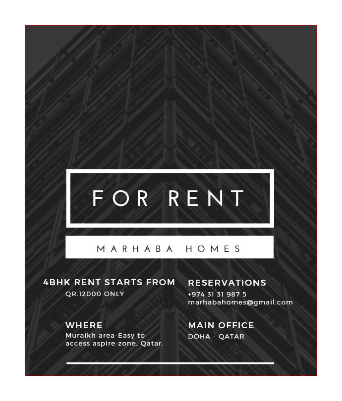 MARHABAHOMEFORU's tweet image. 4BHK compound villa available in Muraikh area with luxury facilities.
Rent Qr.12000 only!!
Limited units available.
For view callus:31319875