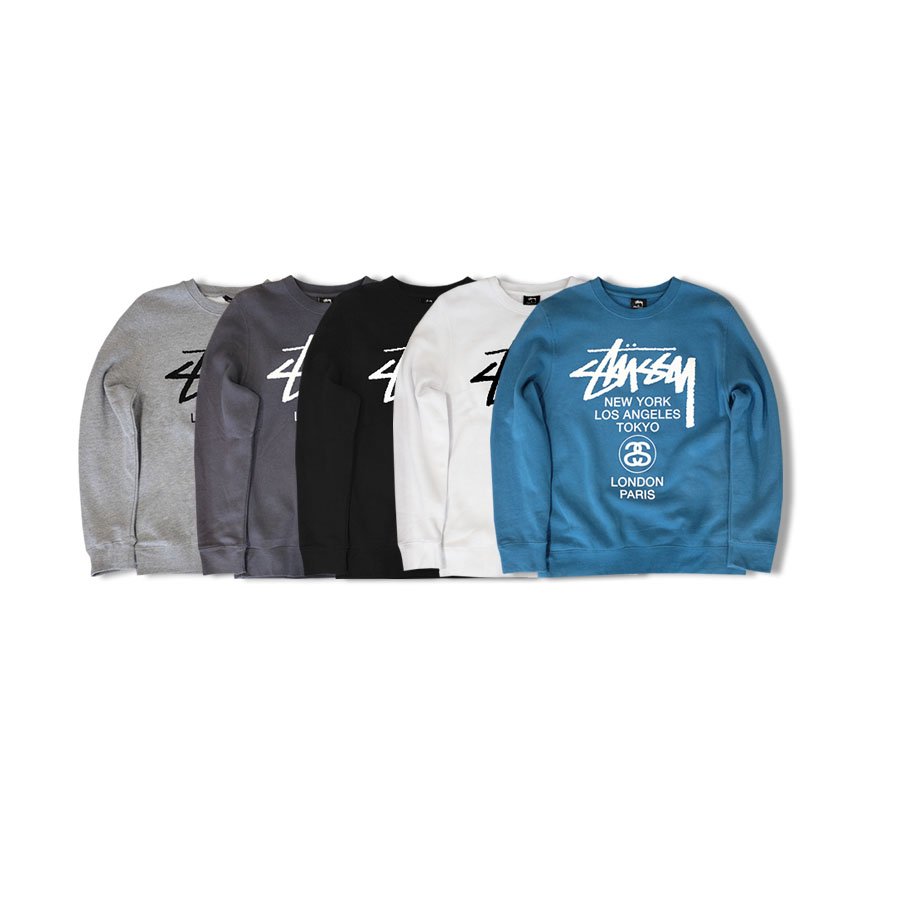 vast_store's tweet photo. Choose your own colours of @stussy world tour crewneck that available in five colours; white, blue, grey, midnight and black https://t.co/gjh0NImCEd