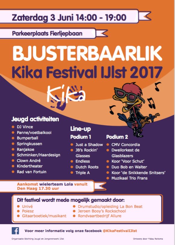 SamenloopSWF's tweet image. RT! 3 juni wordt (tegelijk met de #Overtuinenfair) in #IJLST het #Bjusterbaarlik @Kika Festival georganiseerd. Komen jullie ook?