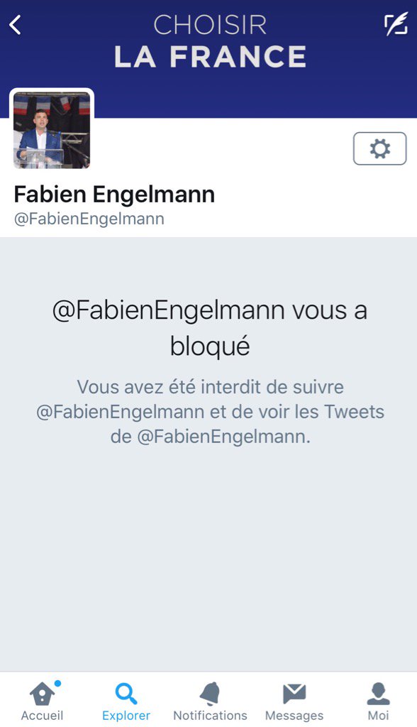 chopotte's tweet photo. Ça me fait toujours rire cette formulation "vous avez été interdit de suivre...". Je ne l'ai jamais suivi! 🤣 #FNOUT https://t.co/Y0lAtLLa9y