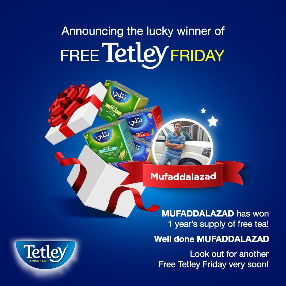 tetley_arabia's tweet photo. Congratulations to Mufaddalazad for winning a whole year supply of free tea! Stay tuned for the next Free Tetley Friday! #Tetley https://t.co/8vMjRTraLL
