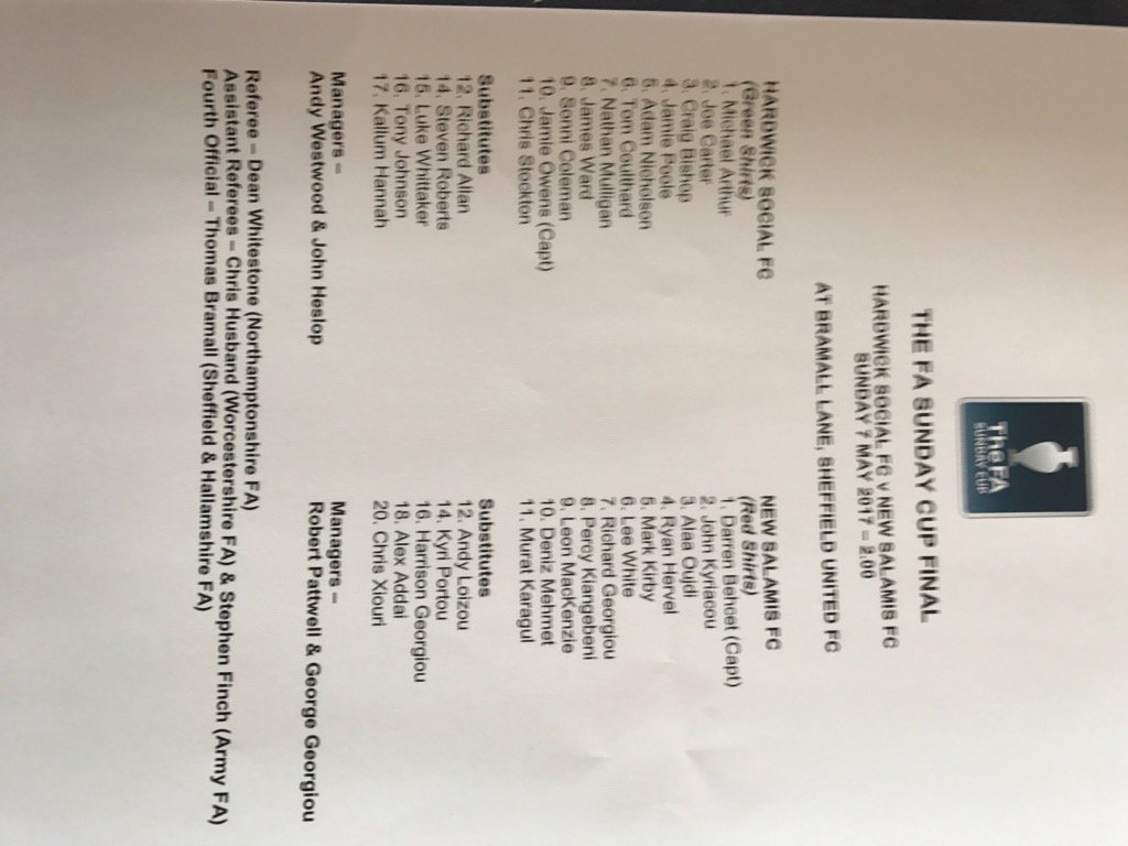 mmullers62's tweet photo. The FA Sunday Cup Final Team Sheet https://t.co/1JeLflWjDM