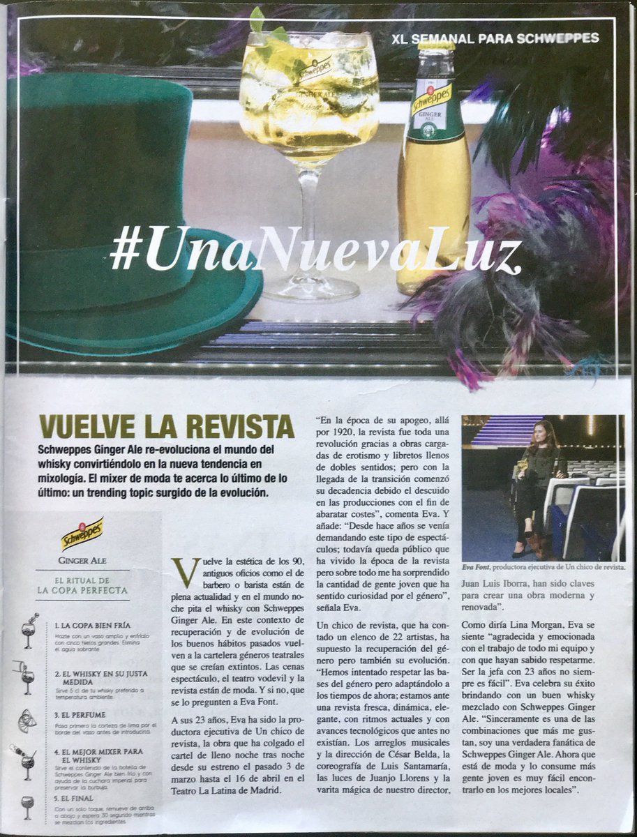 Hoy <a href="/XLSemanal/">XLSemanal</a> de <a href="/abc_es/">ABC.es</a> habla del regreso de la revista con <a href="/evafont_m/">Eva Font Marco</a>. Gracias <a href="/Schweppes_ES/">Schweppes España</a> por el apoyo #vuelvelarevista #unanuevaluz