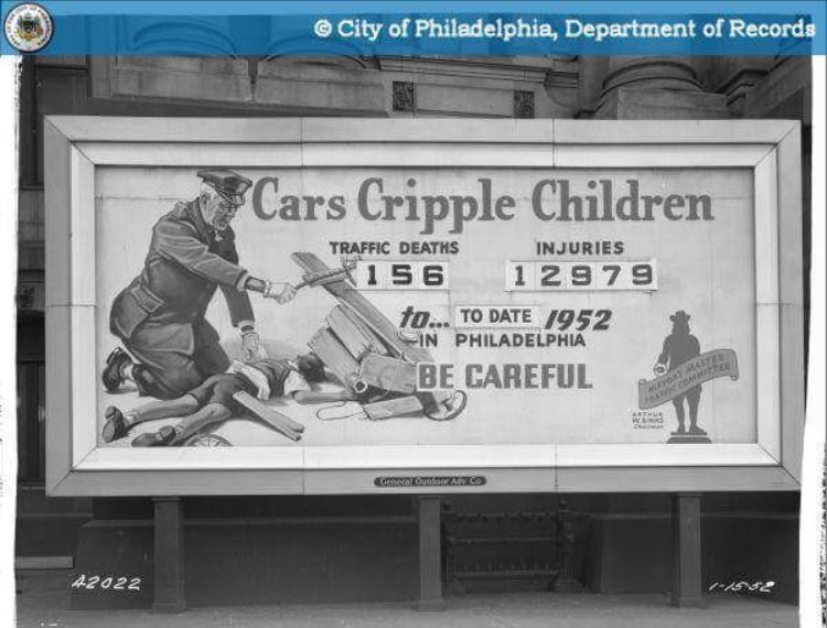 Philly once had a 'Cars Cripple Children' billboard outside City Hall tallying deaths and injuries (h/t <a href="/OLDIMAGESOFPHIL/">Trump must go</a>) #VisionZeroPHL