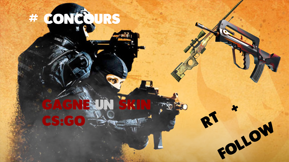 ZeliosConcours's tweet photo. ⏩CONCOURS ⏪   

 🎁GAGNE UN skin CS:GO !🎁    

#RT 🔃 + #FOLLOW ⤵ 
@ZeliosConcours 🔙   
@SertiConcour 🔙   

Tas 40 #RT 🍀🔥😱 https://t.co/2U1NuN9AxL