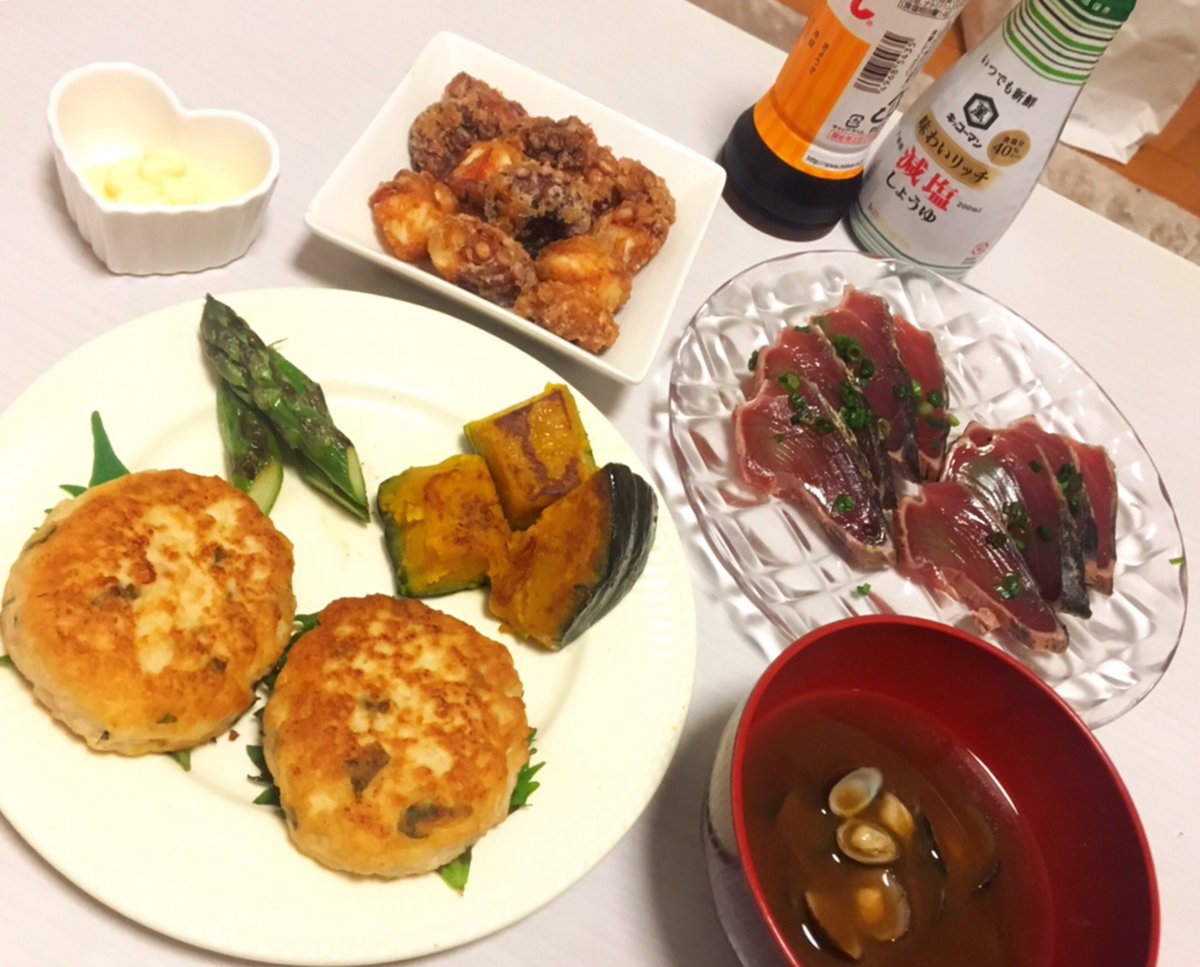 ココイチに向かう自分を殴りスーパーに行かせ
豆腐ハンバーグ、たこの唐揚げ、鰹のたたき、しじみの赤だしをこさえました https://t.co/wR3YlP9evu
