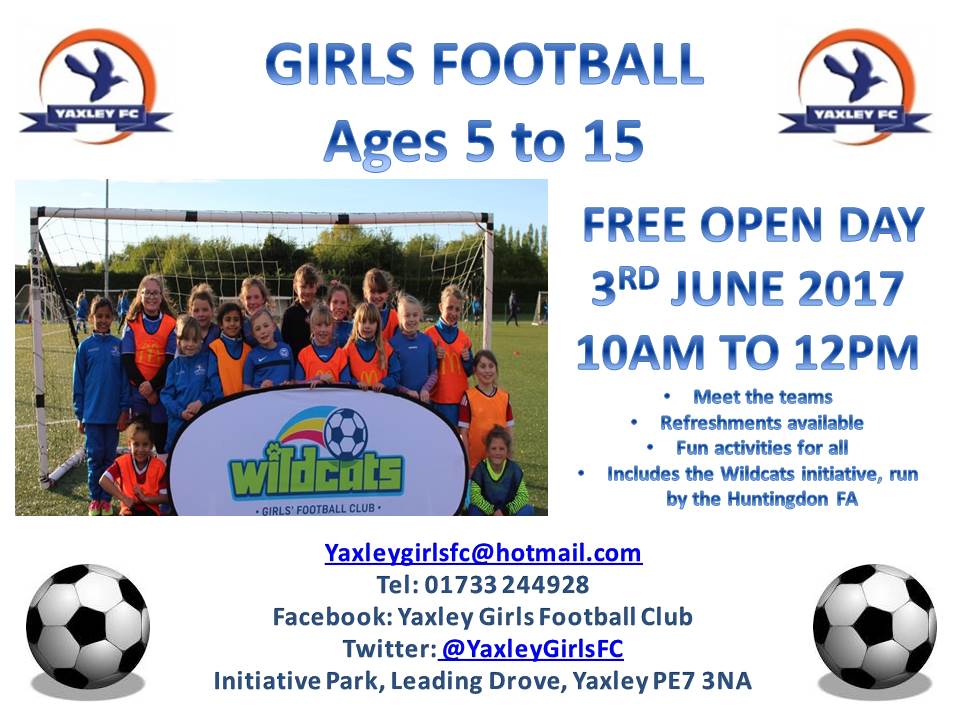 YaxleyGirlsFC's tweet photo. Open day for girls aged 5 to 15 on the 3rd June. Please contact us for info #thisgirlcan #Wildcats @HuntsFA https://t.co/bImpCYGCj3