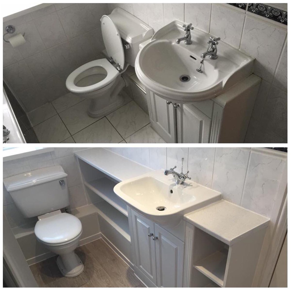 #bathroom refresh glitter white worktop, custom build shelving and #vinyl flooring to match #interiordesign