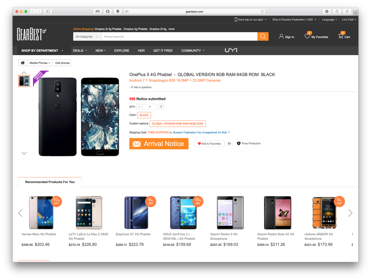 wylsacom's tweet photo. Это может быть OnePlus 5. Скрины с GearBest.
Ценник чот злой, даешь все это за $500. https://t.co/BNdNz7YeZ9