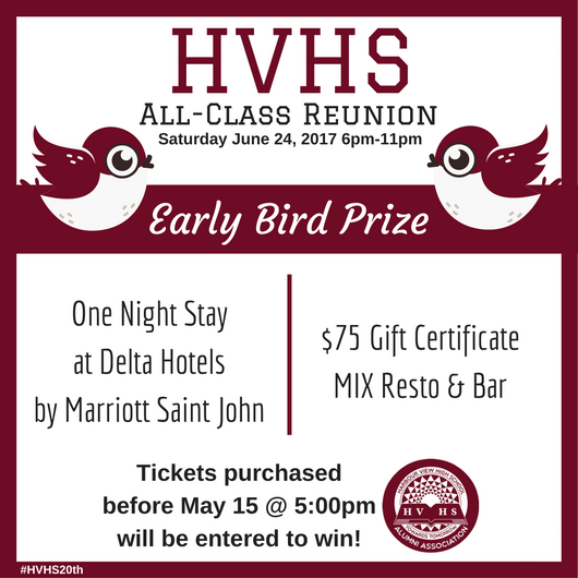 HVHS_Alumni's tweet photo. Only 8 days left to enter our Early Bird Prize draw! Get your All-Class #Reunion tickets before May 15 @ 5pm to be entered #HVHS20th #HVHS https://t.co/pedBrpijDD