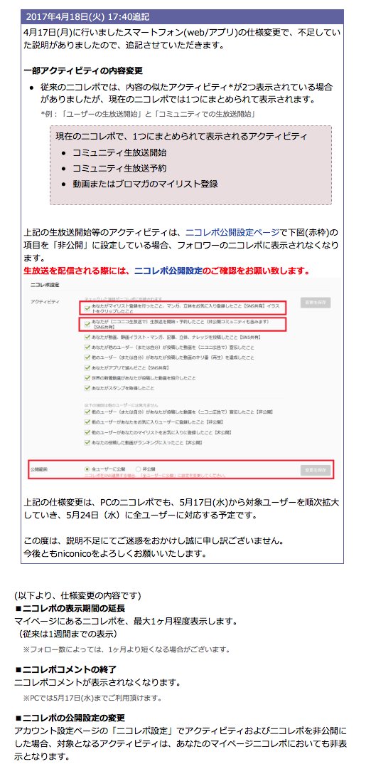 Takuro この ニコレポ の仕様変更は チャンネル ニコ生 Niconico 動画の投稿 お気に入りユーザーのアクティビティが一緒くたで流れる現システムの修正を目的としたもの 生主 はニコレポを全公開する設定にしないと アラートを使っていない
