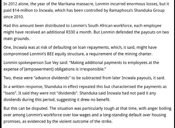 In 2012, th yr of th  #Marikana massacre,LONMIN paid President Cyril Ramaphosa $14 Millionyt Lonmin refused to meet workers salary demands #WakeUpBlackChild #SONA2020  #SONA2019
