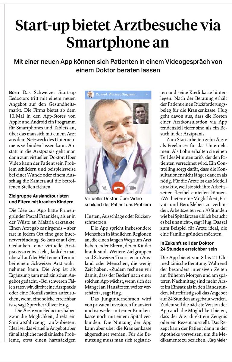appswithlove's tweet photo. GREAT NEWS - das #ehealth startup @eedoctorsAG noch vor dem App Launch in der @sonntagszeitung #telemedicine #availablesoon https://t.co/eOy1vsbhY7