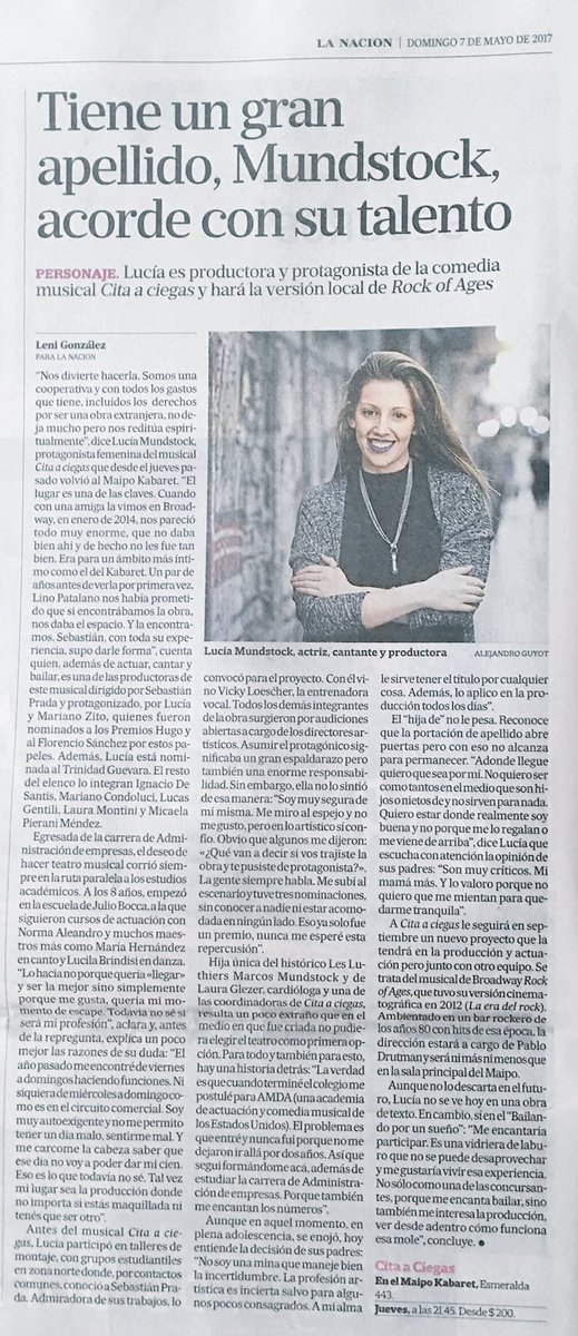 Hoy en <a href="/LANACION/">LA NACION</a> gran nota a <a href="/LuMundstock/">Lu Mundstock</a> por @LenideEscalada hablando del estreno de <a href="/citaciegasok/">Cita A Ciegas</a> en el <a href="/Teatro_Maipo/">Teatro Maipo Oficial</a> 👏🏻👏🏻👏🏻👏🏻