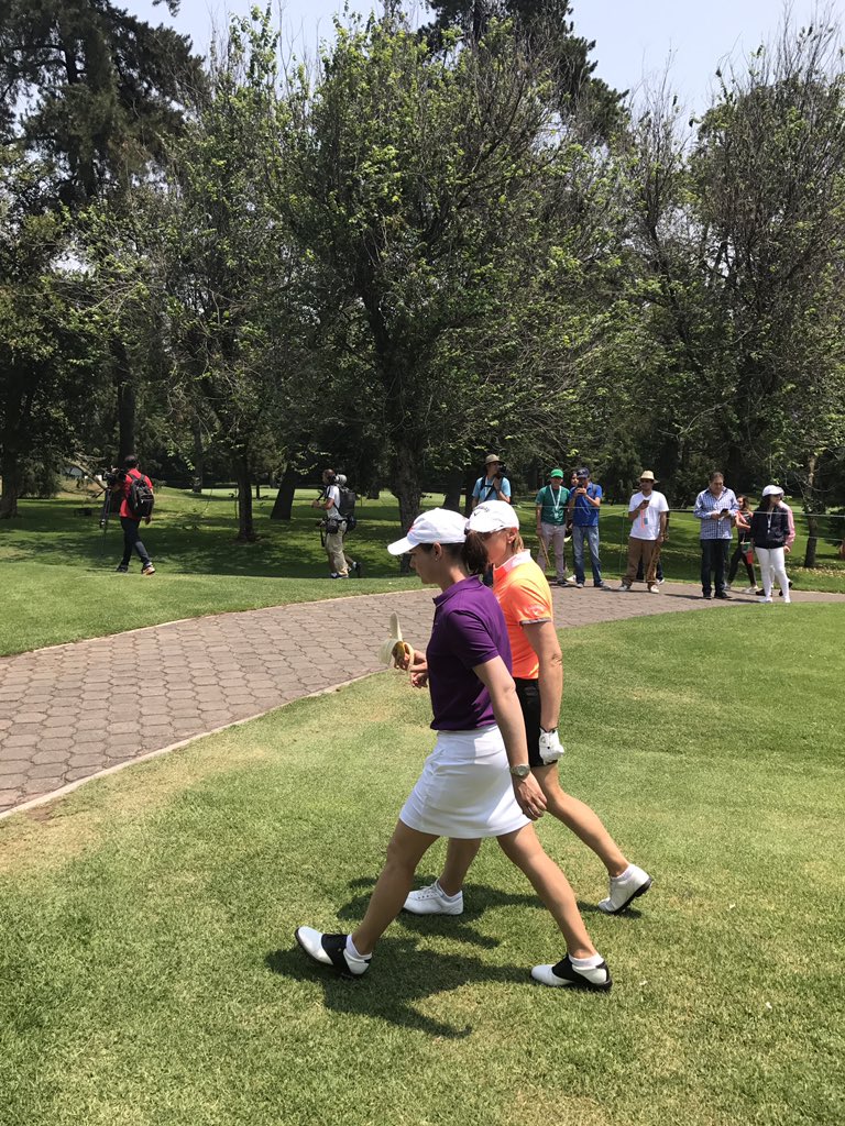 LPGA's tweet photo. HOF match: Ochoa/Sorenstam chat as they walk off the 7th tee, 2 ahead of Inkster/Pak. #LOYCDMX #LOYHOF https://t.co/xNlYpchPLl