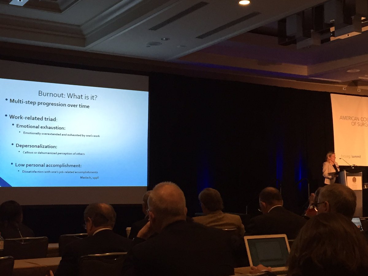 TraumaDocSF's tweet photo. Dr Krista Kaups discussing burnout in surgery 30-70% of surgeons #ACSLA2017 @AmCollSurgeons. Progress has been made but a way to go. https://t.co/BxWXIe0M2N