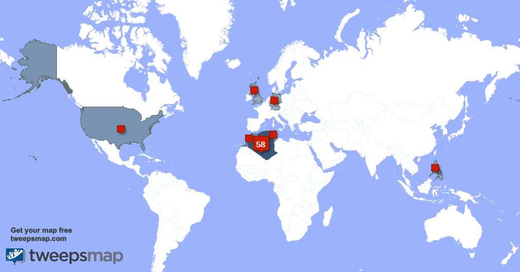 Asmadm2's tweet photo. My followers live in Algeria (54%), Morocco(13%)... Get your free map: https://t.co/SEaqmaDyrG https://t.co/8ud7IG7Jmn