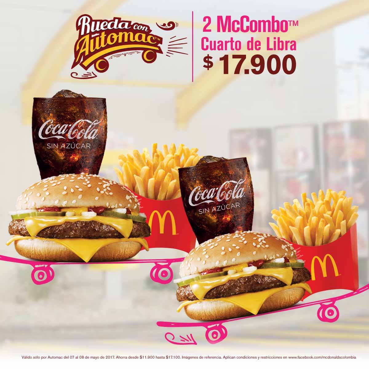 McDonaldsCol's tweet photo. SOLO DEL 07 AL 08 DE MAYO ¡Vuelve #RuedaConAutomac! RT y reclama 2 McCombo 1/4 de libra x $17.900 SOLO X AUTOMAC. https://t.co/7qQyicPDlM https://t.co/dnMnY7dFdi