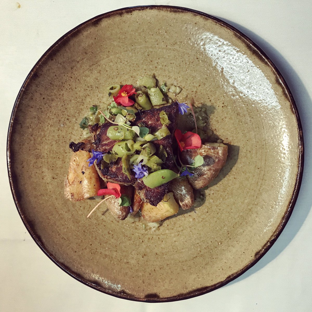 [PORK COLLAR] potato, garlic, shishito, snap pea #springmenu #changeisgood #zagatchefstowatch #downtowndurham #durm