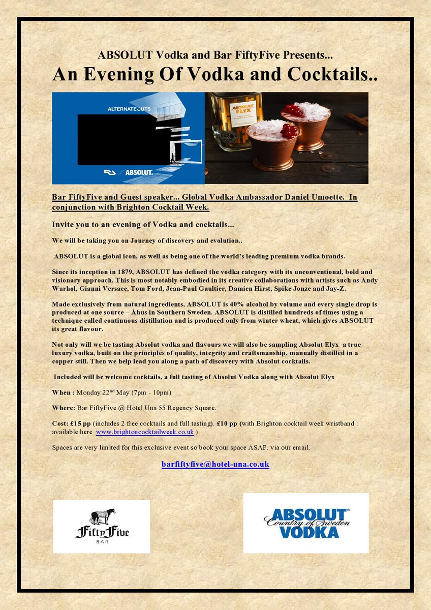 Join us for an evening of Vodka and Cocktails:
 £10 pp (with Brighton cocktail week wristband : available here  brightoncocktailweek.co.uk )