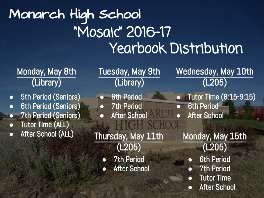 MohiMix's tweet photo. Yo MOHI! Yearbooks are headed your way soon! Make sure your school/library/yearbook fees are paid. #MonarchHS #Mosaic #Yearbook https://t.co/fSmPB7V8Ch