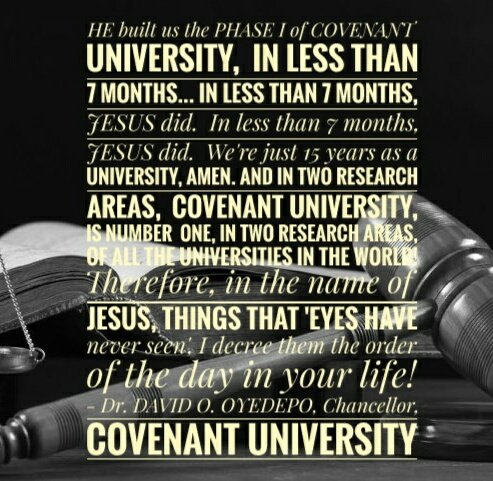 .@CUHEBRON @LandmarkUnivers @ft_canaanland @GoshenCityLfc @WV_Nairobi @DavidOyedepoMin @FaithOyedepo @JoysOyedepo @Ruthybee007 @CuStudent We're just15 years as a university.. And in two Research Areas, COVENANT UNIVERSITY,  is NUMBER  ONE..of all the universities in the world!