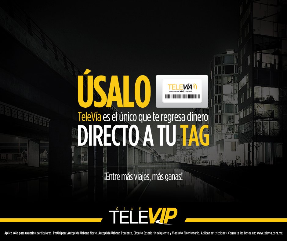 TagTeleVia's tweet photo. Tu #TAGTeleVía es el único que te regresa dinero directo a tu #TAG, descubre más en club #TeleVIP https://t.co/DgS03zxbB8 https://t.co/OesodbnM8T