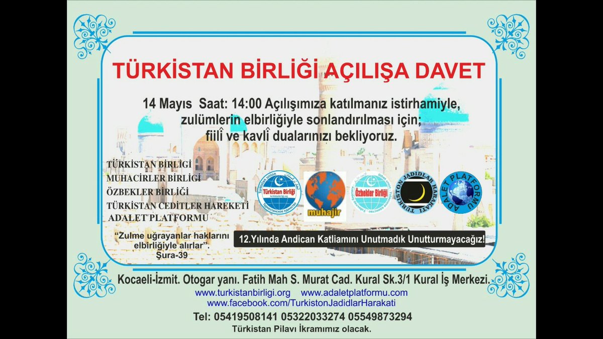 gerederi's tweet image. AÇILIŞA DAVET: #TürkistanBirliği ve  #AdaletPlatformu 14MayısSaat14
Kocaeli/OtogarYanı