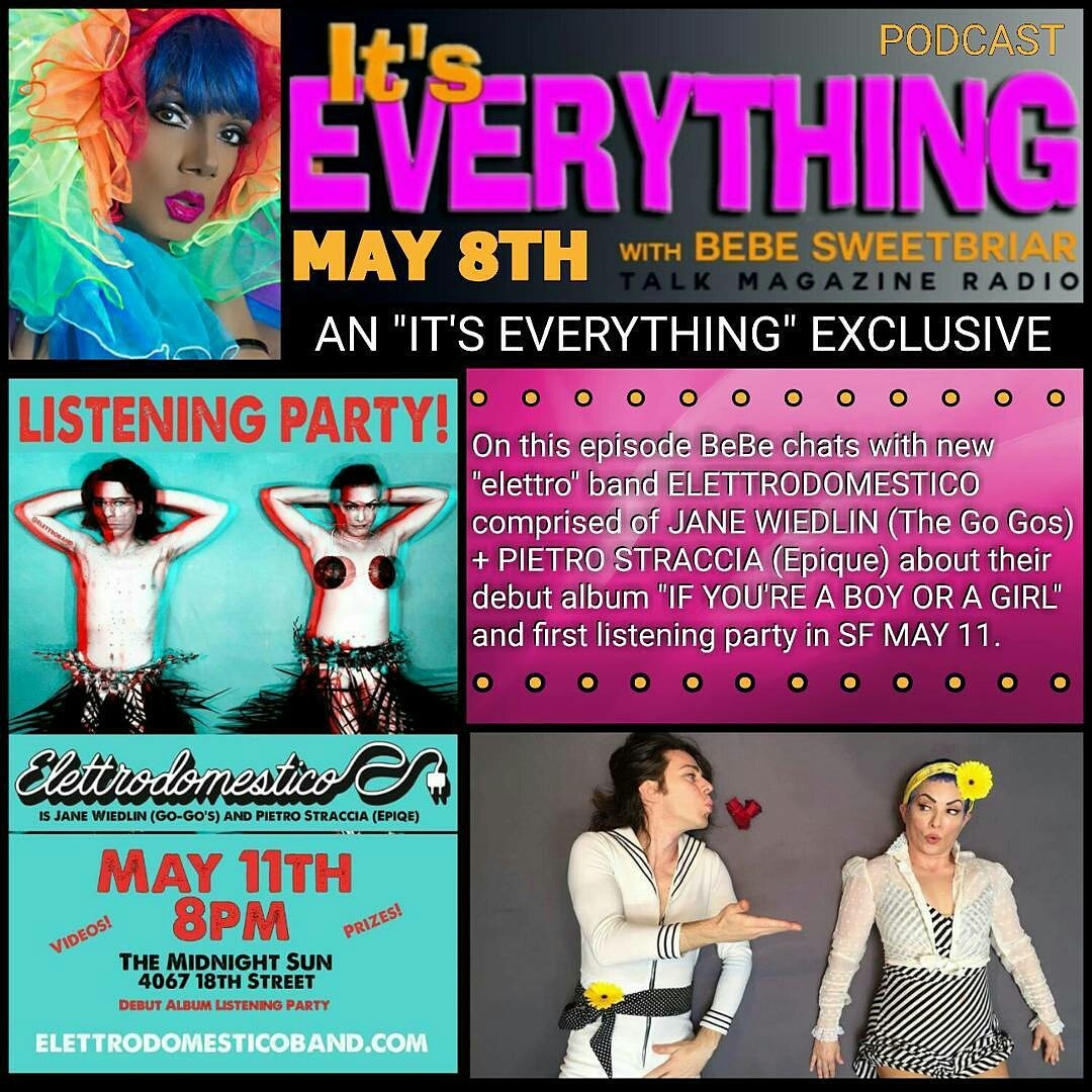 itsEverythingBB's tweet photo. NEW EXCLUSIVE episode MAY 8th 4pm PST with @Elettroband #Elettrodomestico w/ @janewiedlin + #PietroStraccia #debut #album #listeningparty https://t.co/YvH2MQtk3u