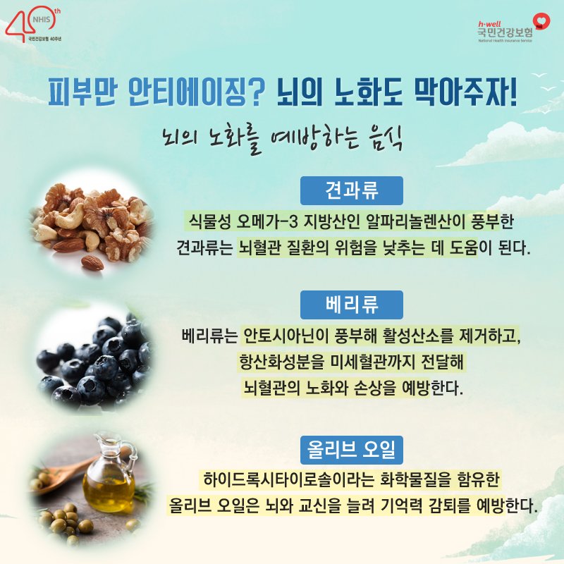 피부 노화를 예방하는 것만큼 중요한 #뇌의_노화_예방🤔! 뇌를 젊고 건강하게 유지하려면 꾸준히 운동하는 습관을 기르고, 노화를 방지하는 음식도 가까이 하는게 좋아요🍇
　
#뇌_건강 #국민건강보험공단