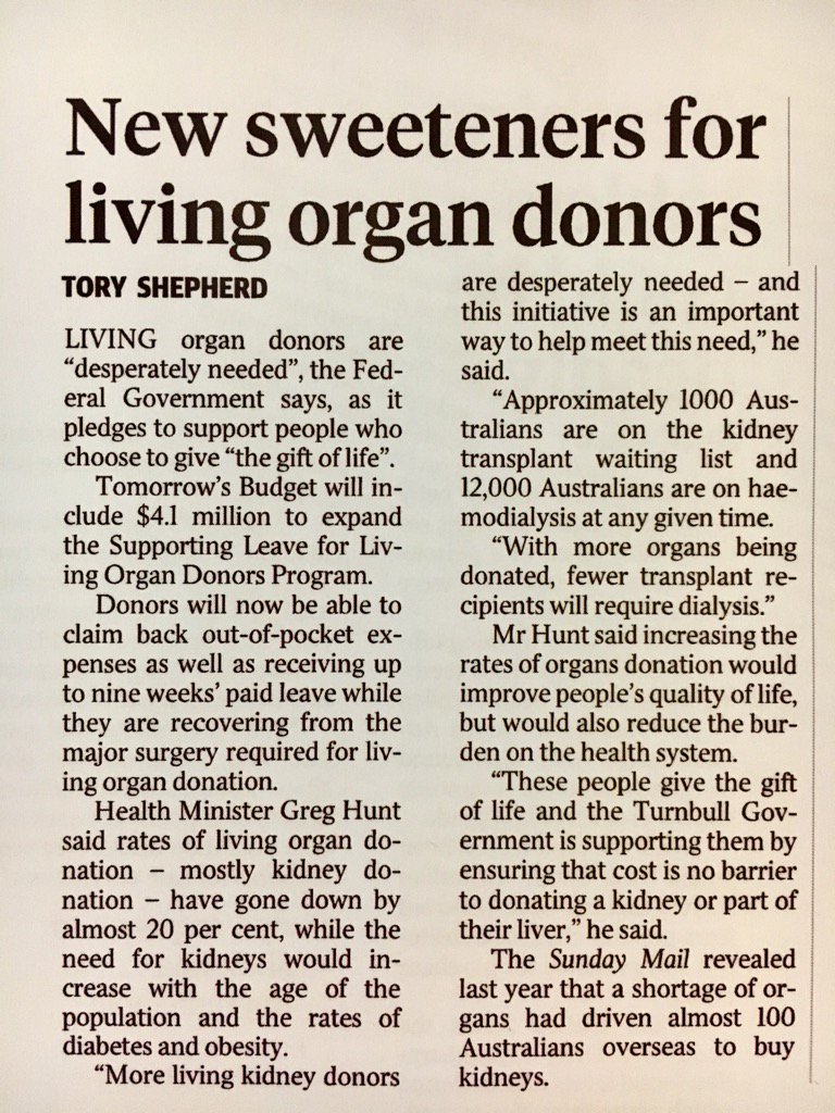 Federal Budget to include $4.1 million to expand leave for living organ donors #DonateLife #Budget2017