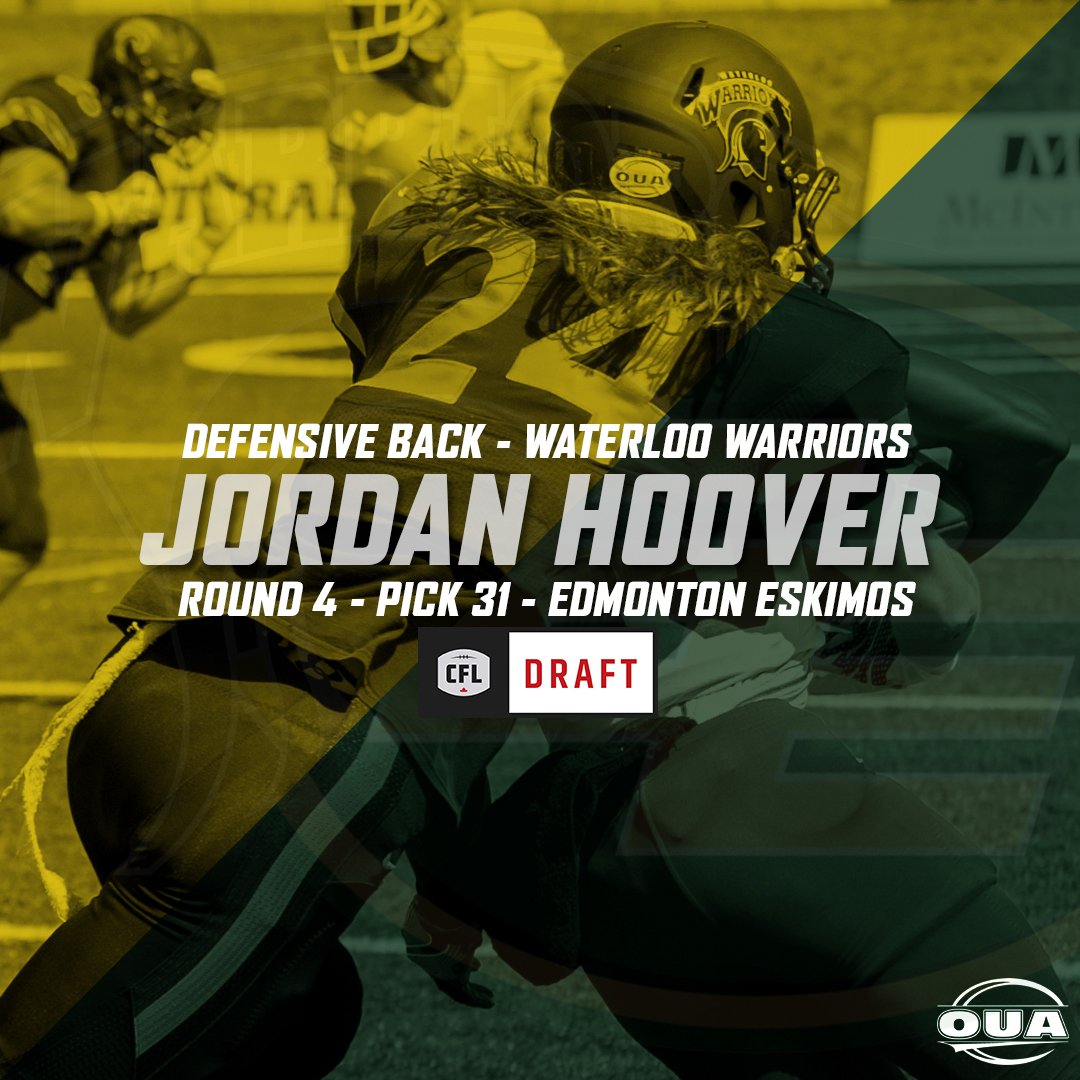 OUAsport's tweet photo. From @WlooWarriors to @EdmontonEsks, defensive back Jordan Hoover is the next #OUA standout taken in the #CFLDraft. https://t.co/gJ5JA0I0BJ