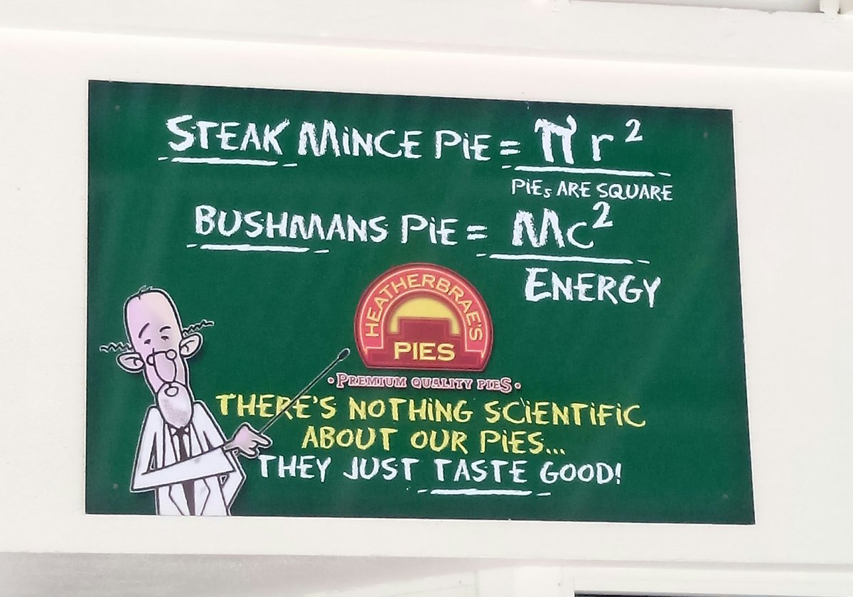 Gordeauz's tweet photo. On the road for #kickstartphysics. Stopped for lunch at Heatherbrae's pies See this sign. This is gonna be a good trip! @ptrlbdv https://t.co/o3lar74K4A