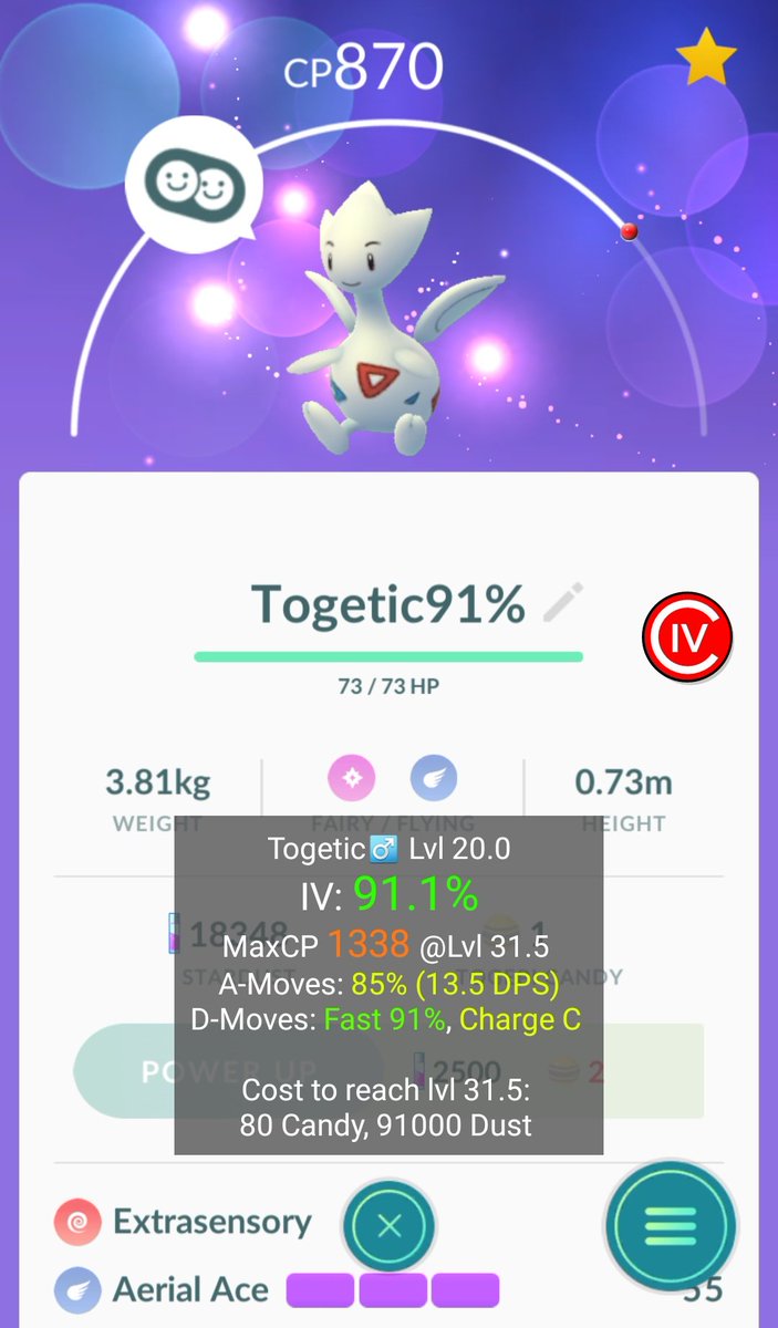 PkmnGoExcentriq's tweet photo. My #EvolutionOfTheDay is.. #Togetic not really high cp but 91%IV and 54kms walked.. 🙄 #PokemonGO #Pokemon #Pokemongogen2 https://t.co/LqIFmRXz1g