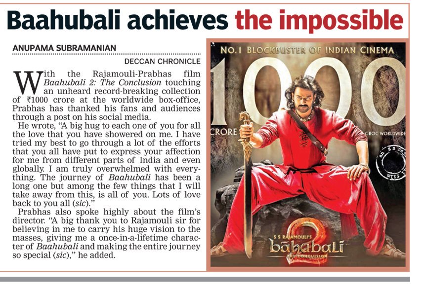 #baahubali2 touching unheard record breaking collection of 1000crs at the worldwide Box-office.
<a href="/KProductionsInd/">K Productions</a> <a href="/BaahubaliMovie/">Baahubali</a>