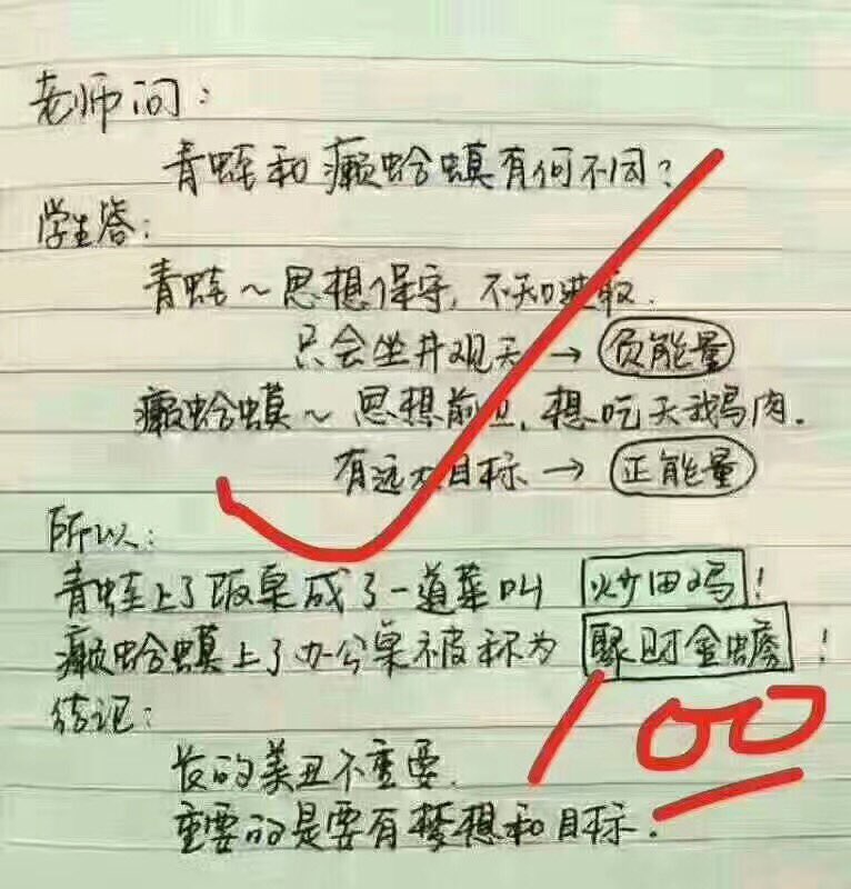 gaoyu200812's tweet image. 我的微信被封多日，知道这个情况的微信友也越来越多，他们经常用我看得见的方式给我转来很多有趣照片和视频，这张得满分的学生答卷，就让我忍俊不禁。