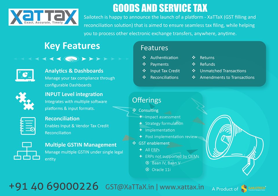 Sailotech's tweet photo. #XaTTaX (GST filling and reconciliation solution) from #Sailotech to revolutionize the way #GST transactions are processed.
#GSTtool https://t.co/vDX8PsdG9S
