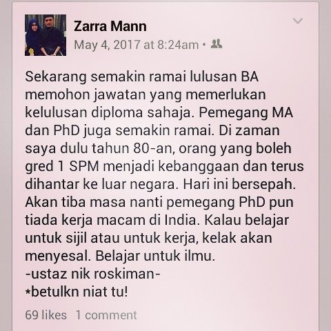 hettyMahmud's tweet photo. Teringat kata seorang bekas pensyarah USM. Belajar kerana CINTAKAN ILMU. Bukan kerana ikut Kawan. https://t.co/8EzfCR6vQ1