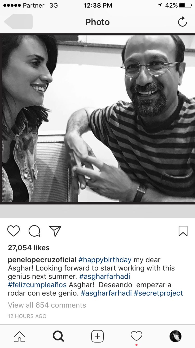 Actress Penelope Cruz wishes Iranian director Asghar Farhadi a happy birthday on Instagram 