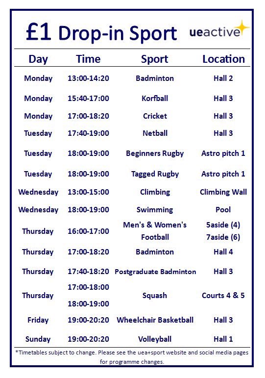 ueasport's tweet photo. 🏊🏽⚽️🏏 £1 drop-in sports 
🤸🏼‍♂️🏃🏽‍♀️🤸🏽‍♀️£2 group exercise classes 

>> Book your space at Sportspark reception or by calling 01603 592398 📱 https://t.co/iCtPB5qZRD